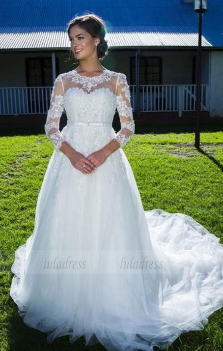 Elegant Jewel 3/4 Sleeves Lace-up Court Train Wedding Dress with Appliques Bowknot