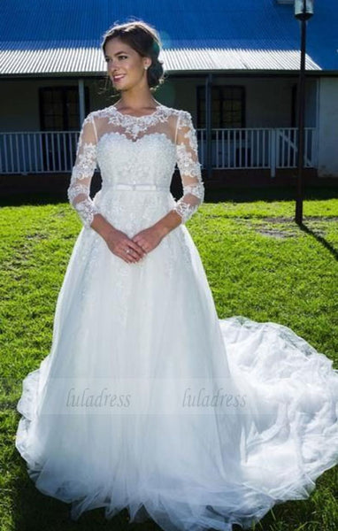 Elegant Jewel 3/4 Sleeves Lace-up Court Train Wedding Dress with Appliques Bowknot,BD99632