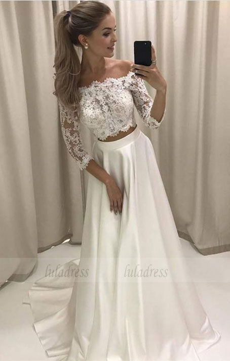 Boho Style Lace Sleeves Two Piece Wedding Dresses Off Shoulder Satin Beach Bridal Gowns