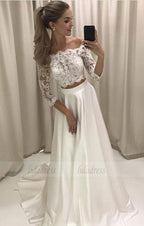 Boho Style Lace Sleeves Two Piece Wedding Dresses Off Shoulder Satin Beach Bridal Gowns