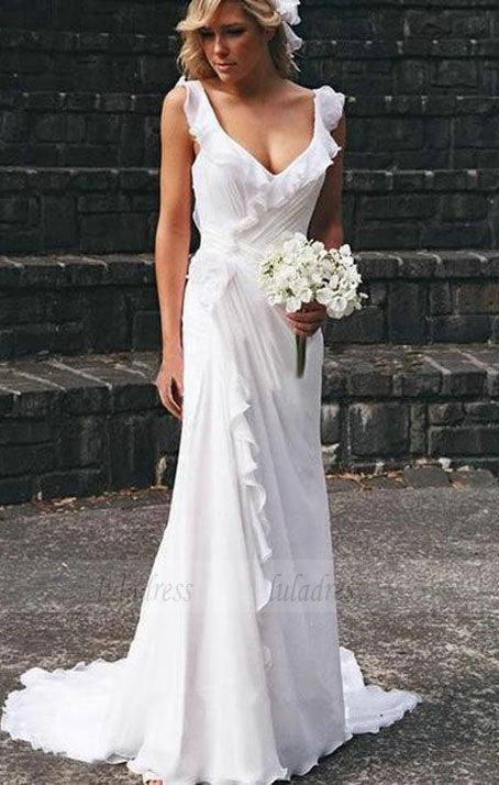 Beach Wedding Dresses,Bridal Dress with Train,Chiffon Wedding Dress,Ruffled Bridal Dress,BD99792