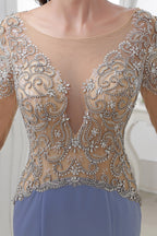Long Sleeves Mermaid Blue Formal Beaded Long Prom Dress
