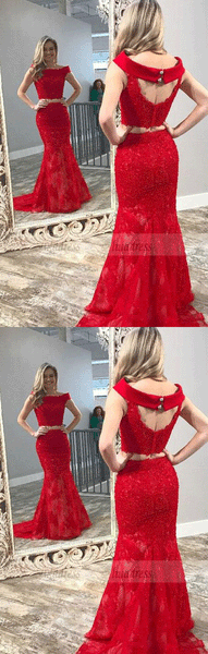 Two Piece Off-the-Shoulder Open Back Red Lace Prom Dress with Beading,BD99554