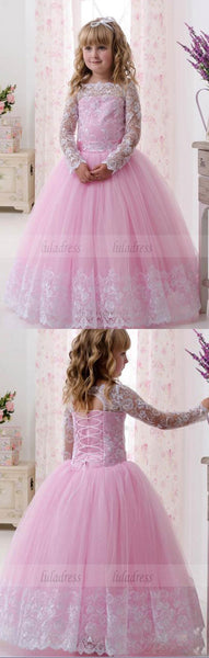 Lace Long Sleeves Ball Gown Pink Flower Girl Dresses,BD99750