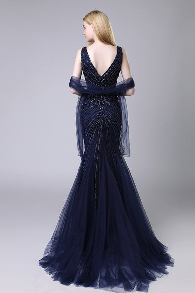 Navy V-neck Luxury Beaded Long Evening Dress Formal Mermaid Prom Dress, LX424