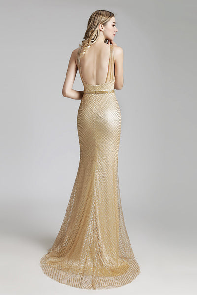 Golden Formal Long Prom Dress Charming White Evening Dress, LX449