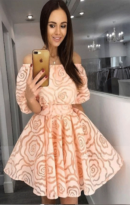 A-Line Off-the-Shoulder Half Sleeves Short Coral Organza Homecoming Dresses