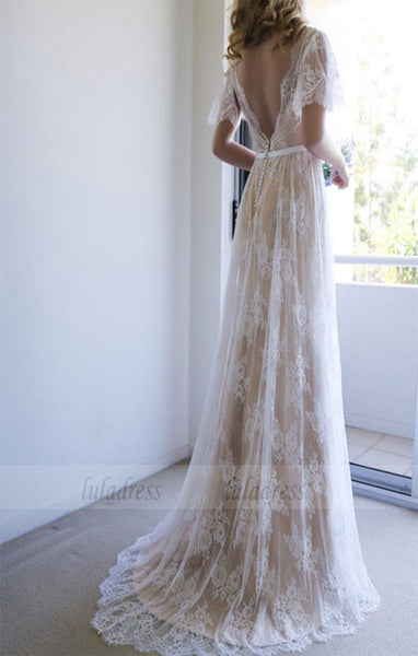 Lace Wedding Dresses,Long Wedding Dress with Open Back,BD99062