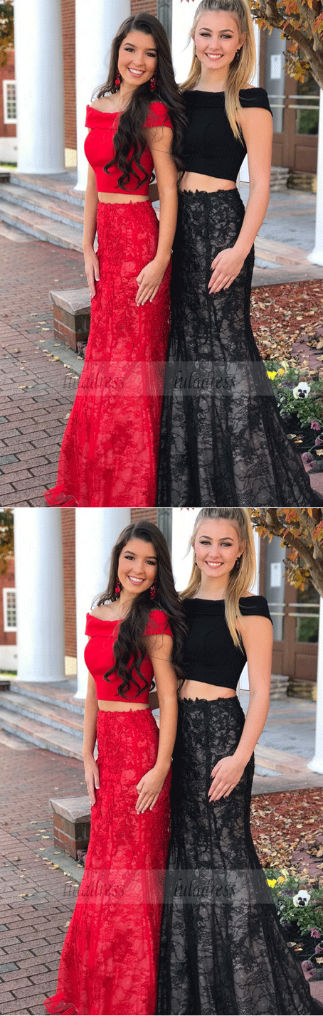 Off Shoulder Prom Dresses,Two Pieces Mermaid Style Lace Open Back Evening Dresses