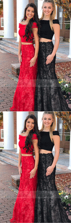 Off Shoulder Prom Dresses,Two Pieces Mermaid Style Lace Open Back Evening Dresses