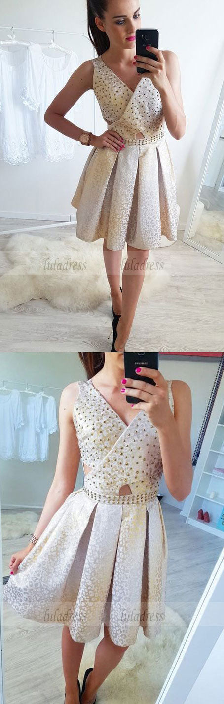 A-Line V-Neck Above-Knee Homecoming Dress with Beading Pleats