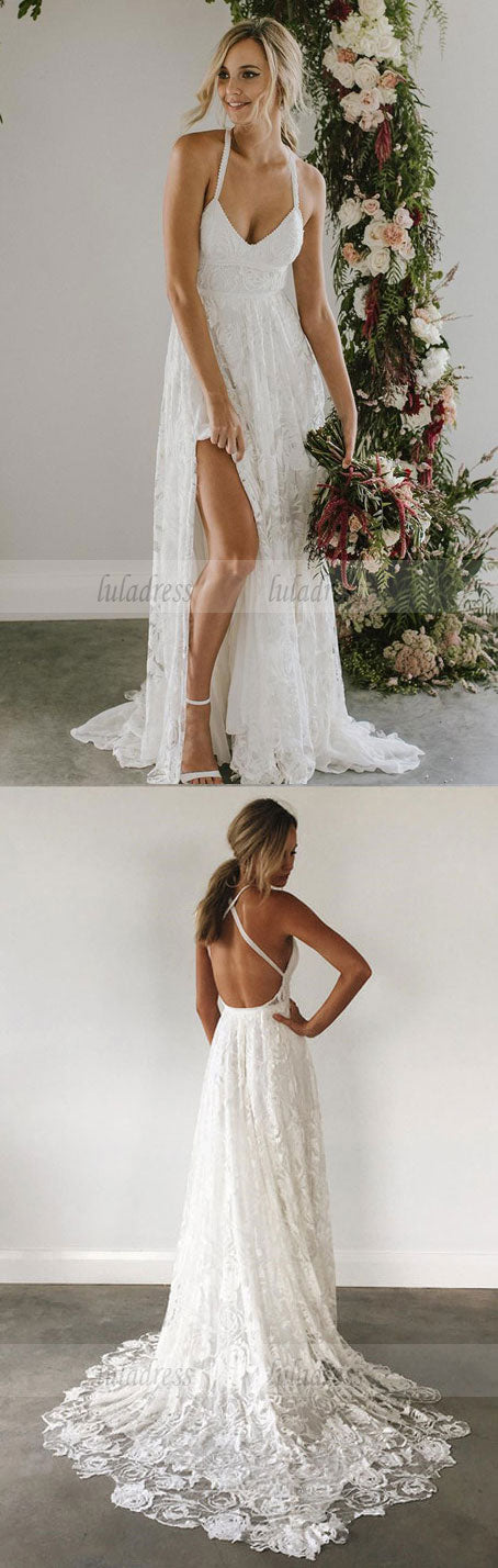 white v neck long wedding dress, lace wedding dresses