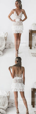 V-Neck Criss-Cross Straps Short White Chiffon Homecoming Cocktail Dress