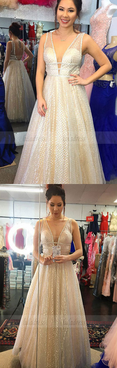Sexy A-line V Neck Long Floor Length Prom Dresses,Formal Dress