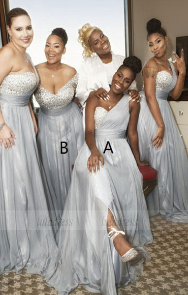 A-Line One Shoulder Grey Chiffon Bridesmaid Dress with Sequins Split,BD99845