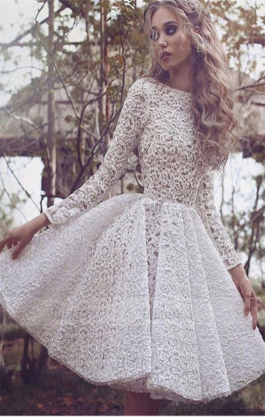 Unique Long Sleeves Full Lace Evening Gowns Short Homecoming Dress