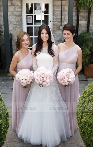 One Shoulder Bridesmaid Dresses, Pearl Pink Bridesmaid Dresses, Long Bridesmaid Dresses,BD98611