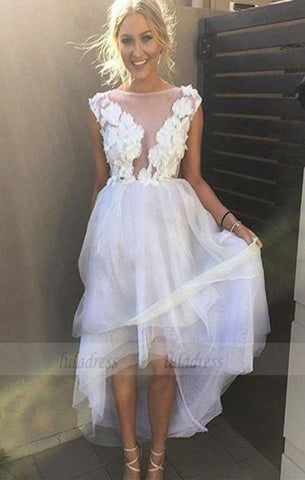 simple white high low prom dresses, fashion a line party dresses with appliques, elegant tulle formal dresses ,BD98716