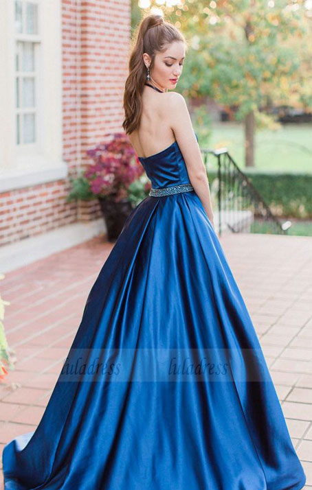 halter navy blue long prom dress,party dress,prom dress with pockets