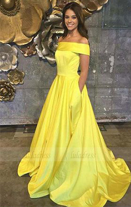 Yellow Prom Dresses,Off The Shoulder Prom Dresses,A Line Prom Dress,Long Evening Gown With Pockets,Satin Prom Dresses,BD98045