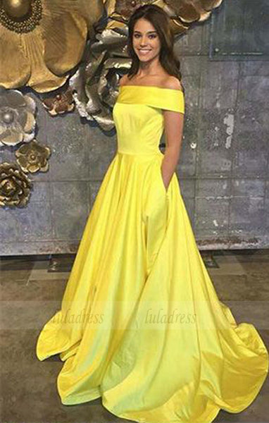 Yellow Prom Dresses,Off The Shoulder Prom Dresses,A Line Prom Dress,Long Evening Gown With Pockets,Satin Prom Dresses,BD98045