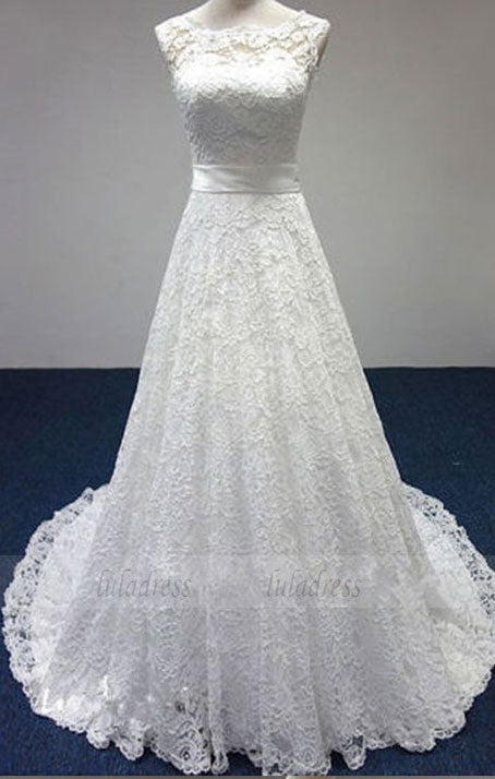 elegant lace wedding dress, classic bride dresses with Bow, white lace sleeveless wedding party dresses