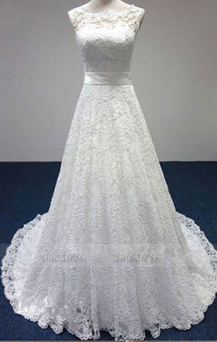 elegant lace wedding dress, classic bride dresses with Bow, white lace sleeveless wedding party dresses, BD98322