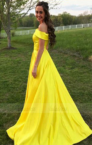 Yellow Prom Dresses,Off The Shoulder Prom Dresses,A Line Prom Dress,Long Evening Gown With Pockets,Satin Prom Dresses,BD98045