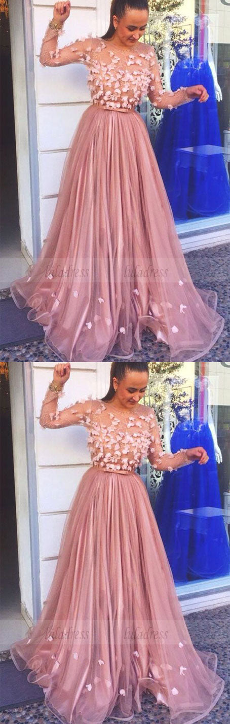 elegant a line long sleeves evening gowns with appliques, unique round neck party dresses