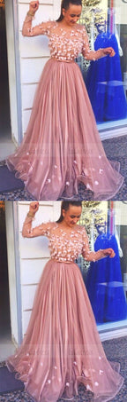 elegant a line long sleeves evening gowns with appliques, unique round neck party dresses