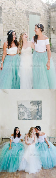 Two Piece Bridesmaid Dresses, Turquoise Tulle Bridesmaid Dresses, Elegant Bridesmaid Dresses,BD98129