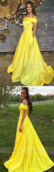 Yellow Prom Dresses,Off The Shoulder Prom Dresses,A Line Prom Dress,Long Evening Gown With Pockets,Satin Prom Dresses,BD98045