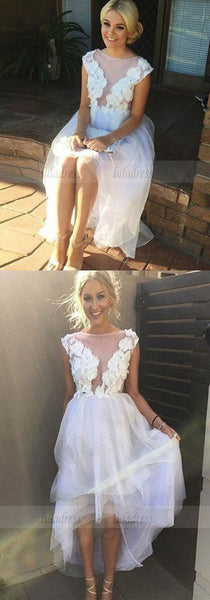 simple white high low prom dresses, fashion a line party dresses with appliques, elegant tulle formal dresses ,BD98716