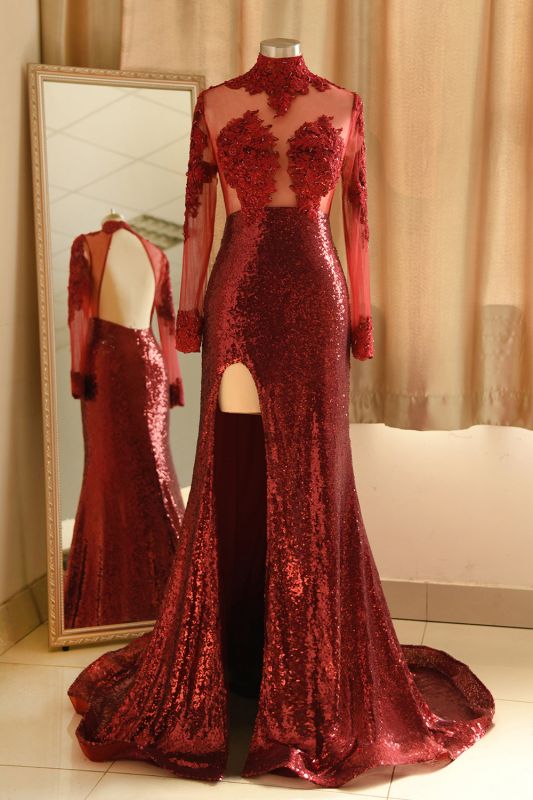 Sexy High-Neck Burgundy Sequined Slit Prom Dress | Long Sleeves Appliq luladress Sexy High-Neck Burgundy Sequined Slit Prom Dress | Long Sleeves Appliq luladress