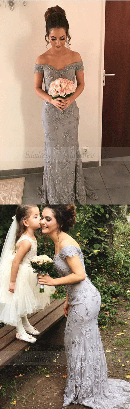 Elegant Beaded V-neck Gray Lace Evening Dresses,Mermaid Prom Dress