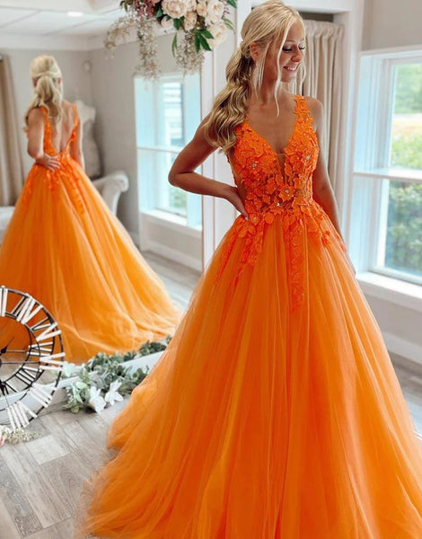 A-Line Deep V-neck Tulle Orange Prom Dresses,BD930686