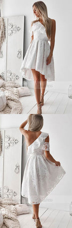 A-Line One-Shoulder High Low White Lace Prom Homecoming Dress with Ruffles
