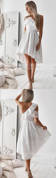 A-Line One-Shoulder High Low White Lace Prom Homecoming Dress with Ruffles,BD99565