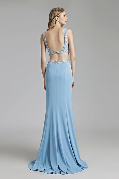 Two Pieces V-neck Beaded Top Long Prom Dress, LX489