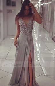 Unique Prom Dress,Chiffon Sparkly Beaded Prom Dress with Slit,Sexy Long Formal Dresses,BD99916