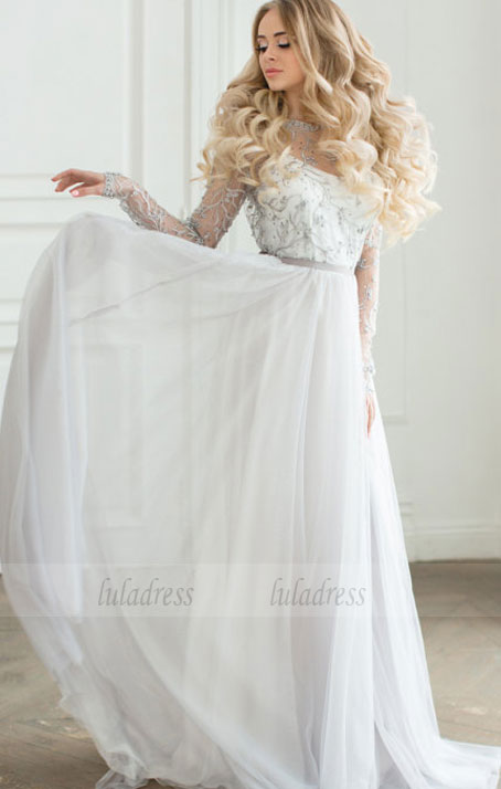 Long Wedding Dress, Chiffon Wedding Dress, Applique Wedding Dress,BD99616