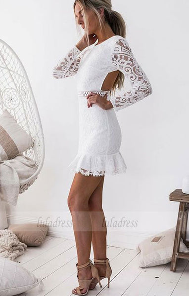 Long Sleeves Short White Lace Homecoming Cocktail Dress,BD99500