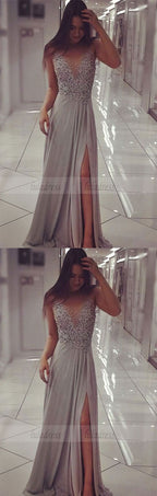 Unique Prom Dress,Chiffon Sparkly Beaded Prom Dress with Slit,Sexy Long Formal Dresses