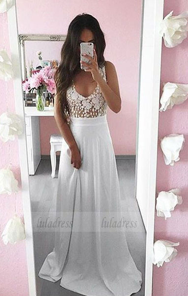 simple white deep v neck long prom dresses, modest a line party dresses with lace,BD99654