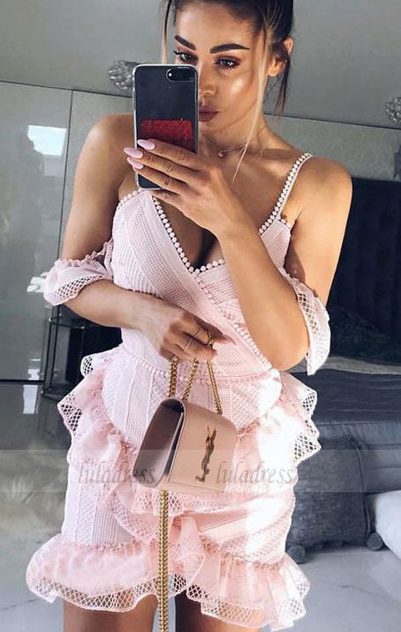 Short Pink Lace Homecoming Dress with Ruffles