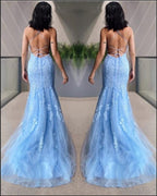 Long Sky Blue Lace Appliques Tulle Mermaid Prom Dress