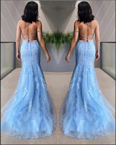 Long Sky Blue Lace Appliques Tulle Mermaid Prom Dress