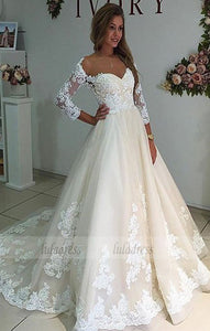 Sheer Neck Long Sleeves Ivory Wedding Dress with Lace,BD99437
