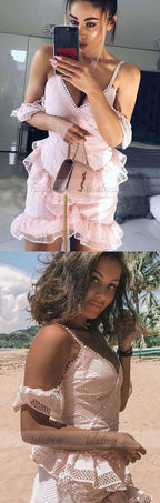 Short Pink Lace Homecoming Dress with Ruffles