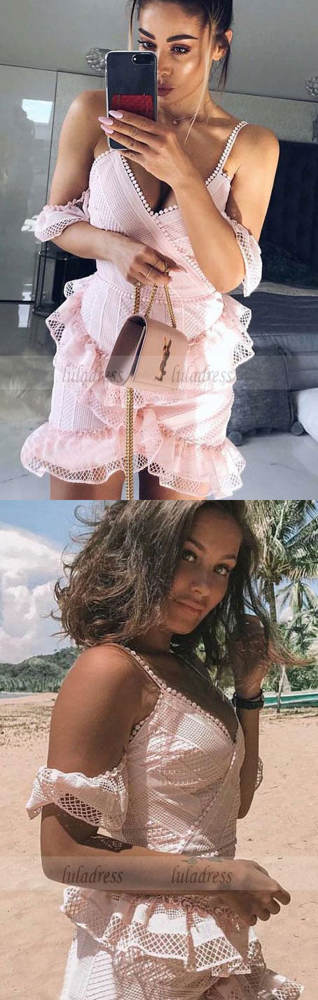 Short Pink Lace Homecoming Dress with Ruffles